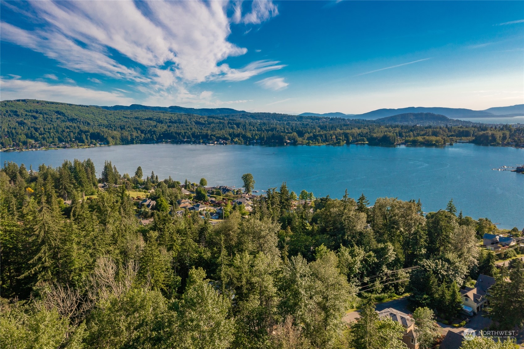 a view of a lake with a city