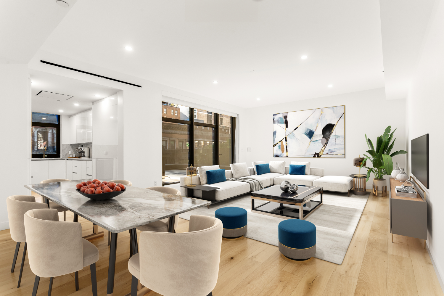 a living room with furniture and wooden floor