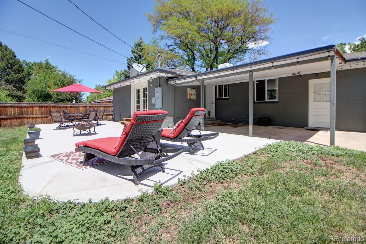 a garden view with a seating space