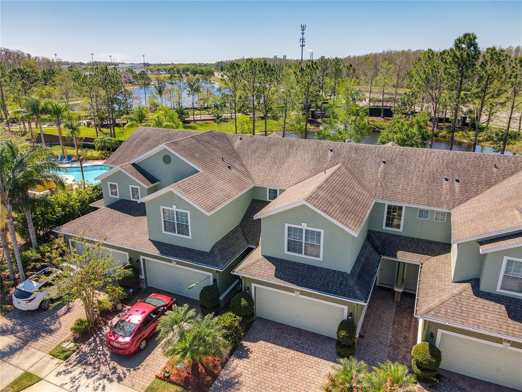 an aerial view of a house with a garden