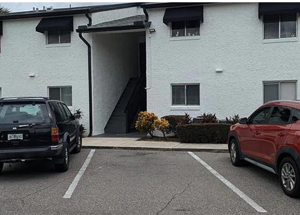 a view of a car parked in garage