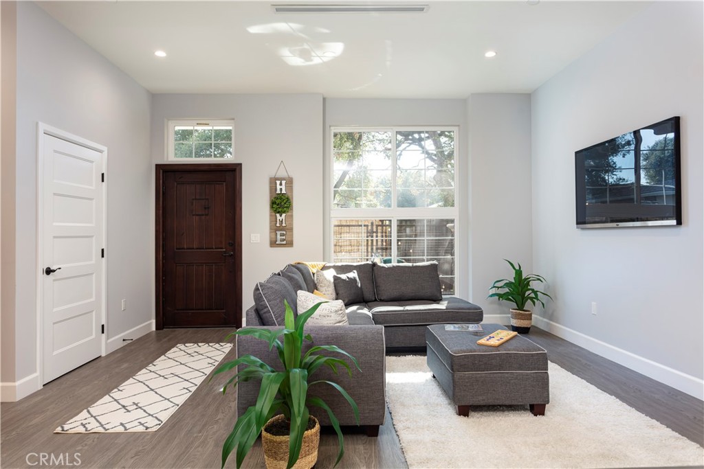 a living room with furniture and a potted plant