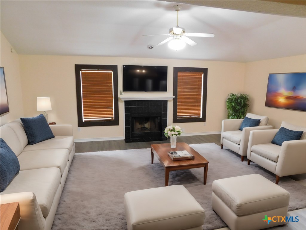 a living room with furniture and a fireplace