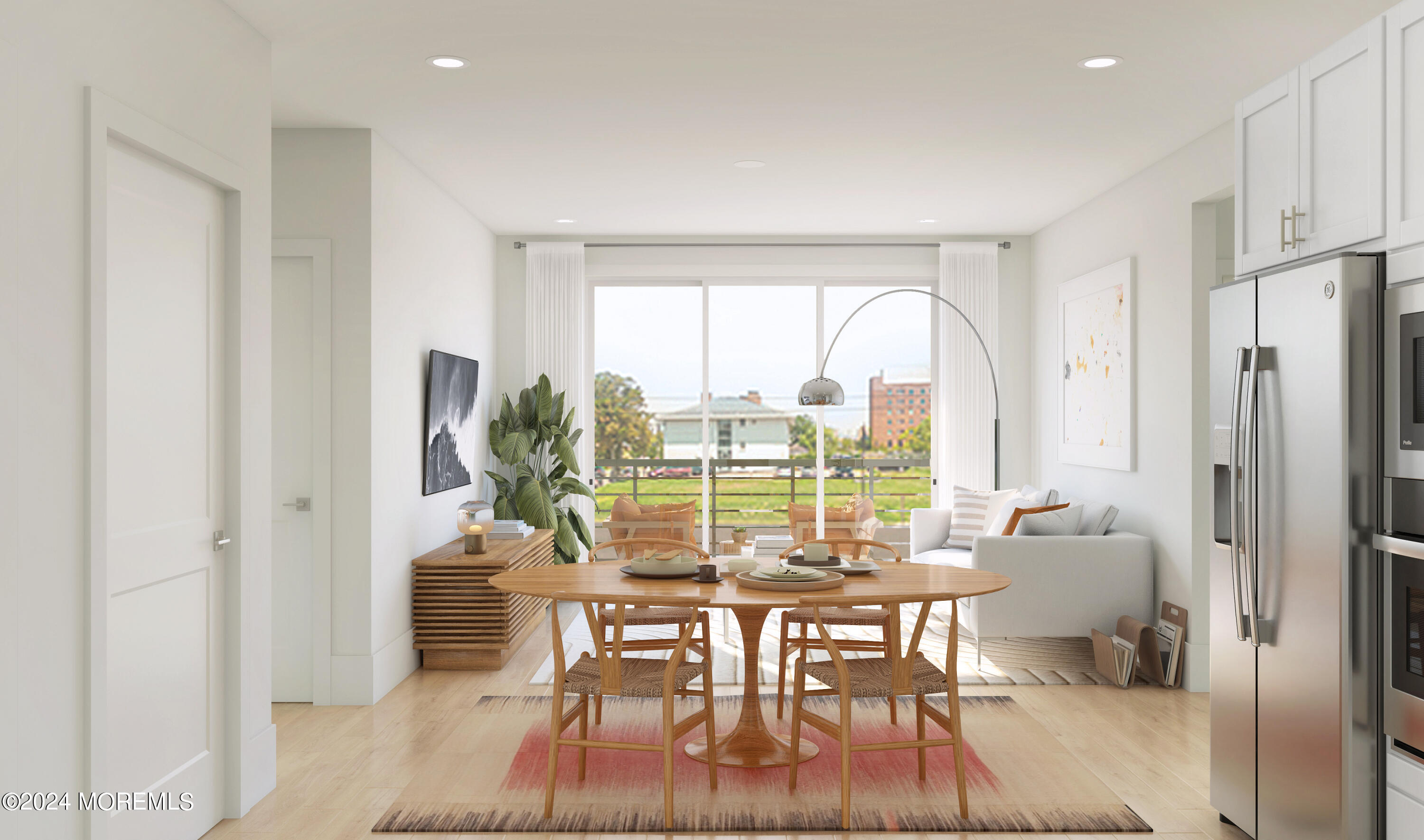 a view of a dining room with furniture window and outside view