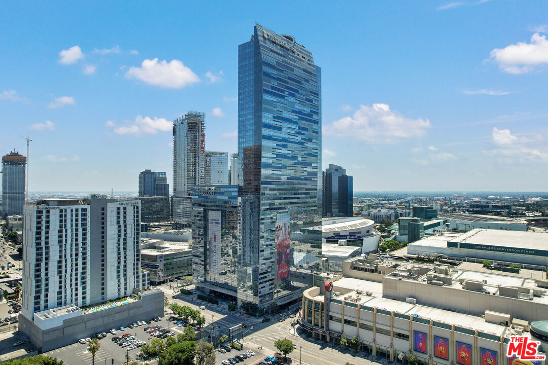 a city view with tall buildings