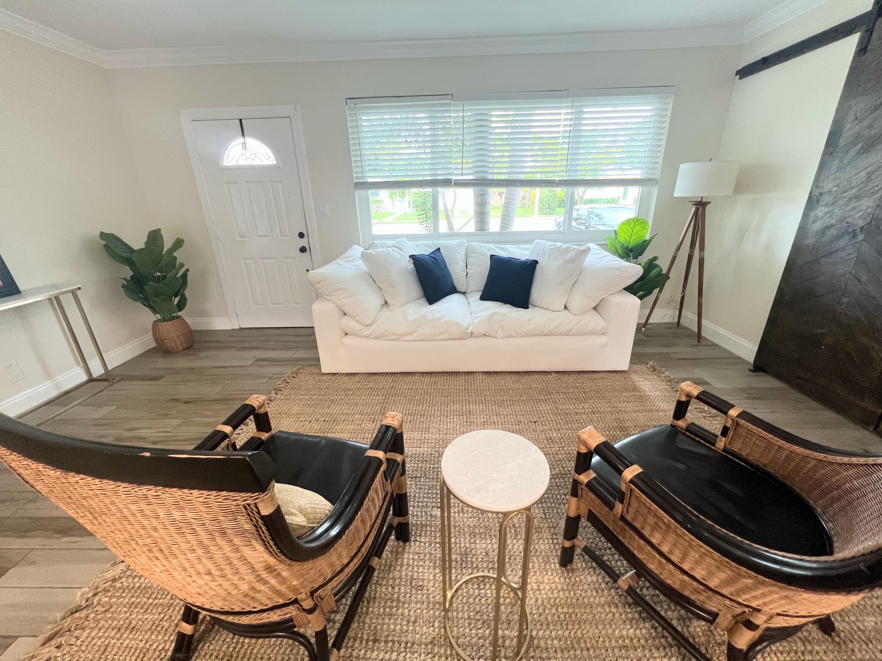 a living room with furniture and a potted plant