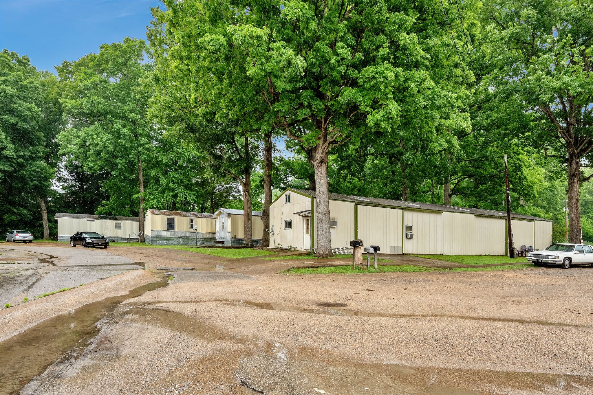 a backyard of a house with large trees