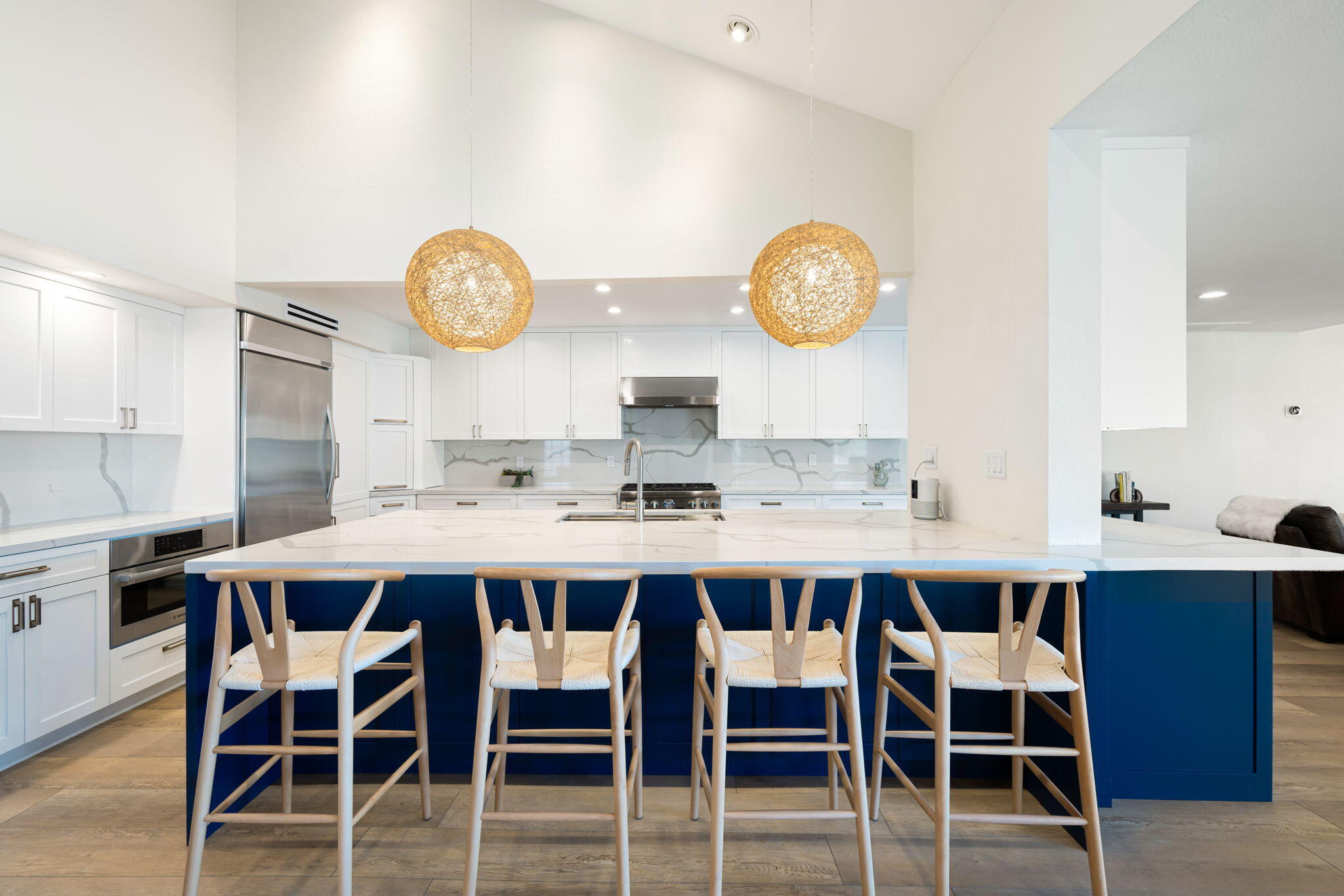 a dining hall with a dining table and chairs