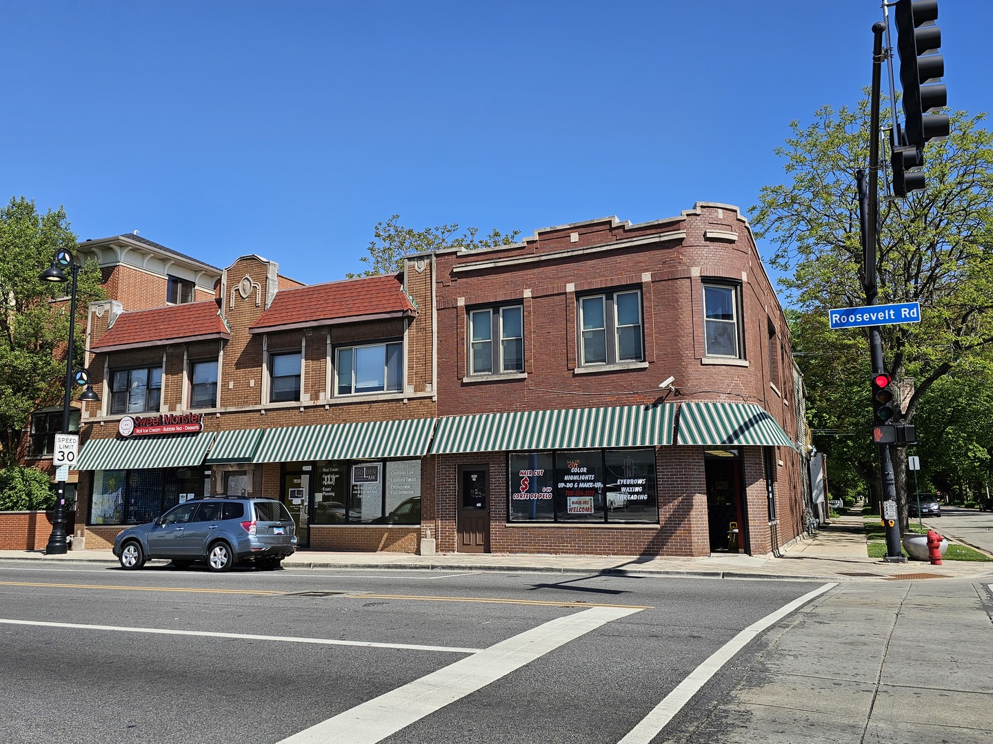 a front view of a building with street