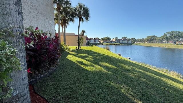 a view of a backyard of a house with a lake view