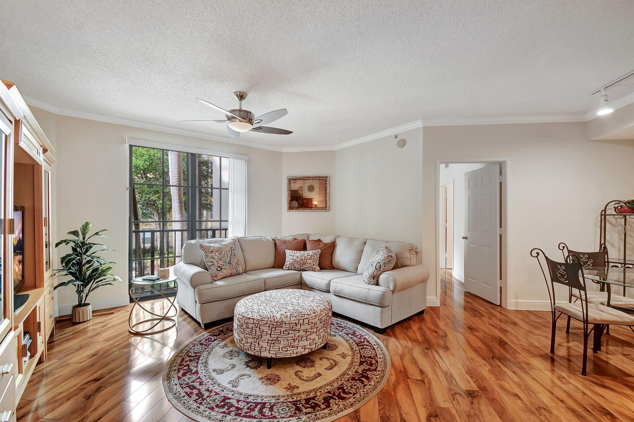 a living room with furniture and a table