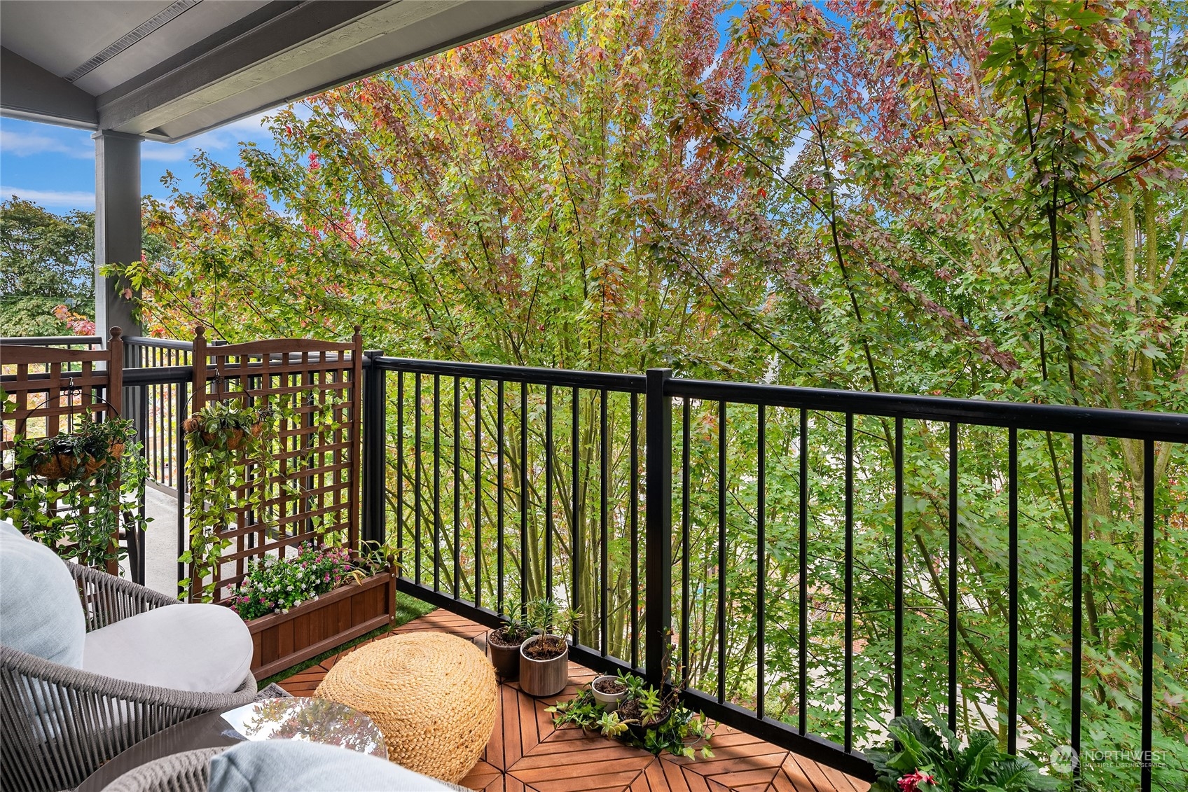 a balcony with chairs