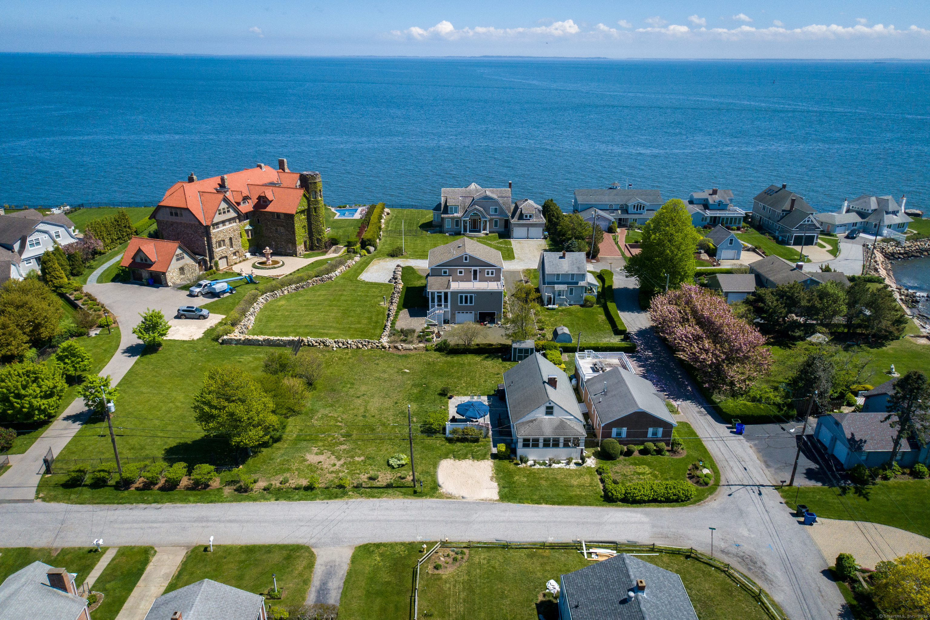 an aerial view of a house with a garden