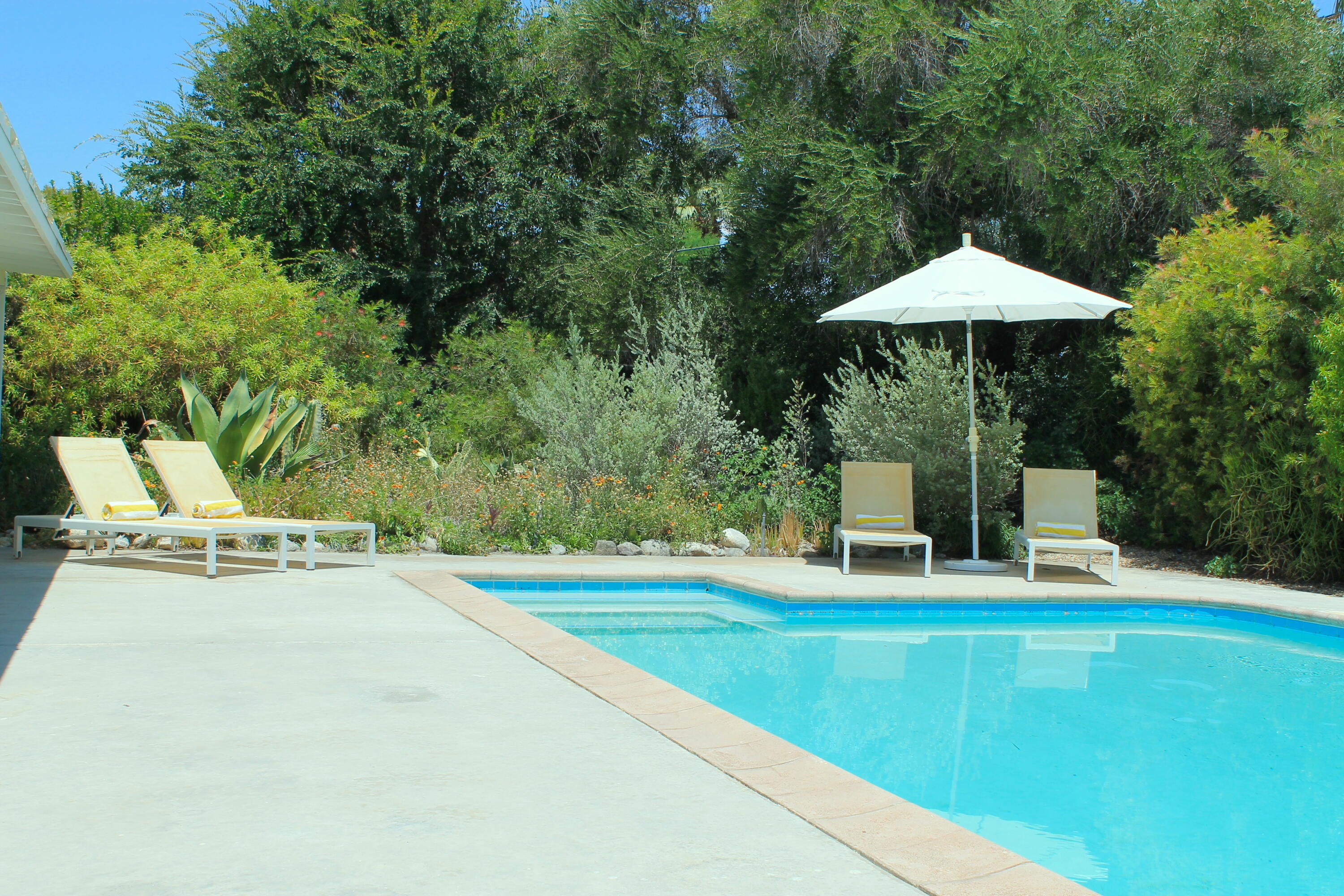 a view of a swimming pool with a table and chairs under an umbrella