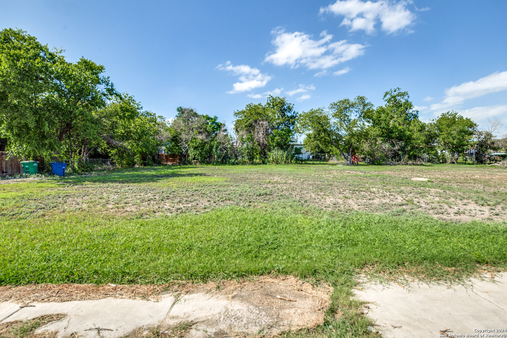 a view of a field with a trees in the background