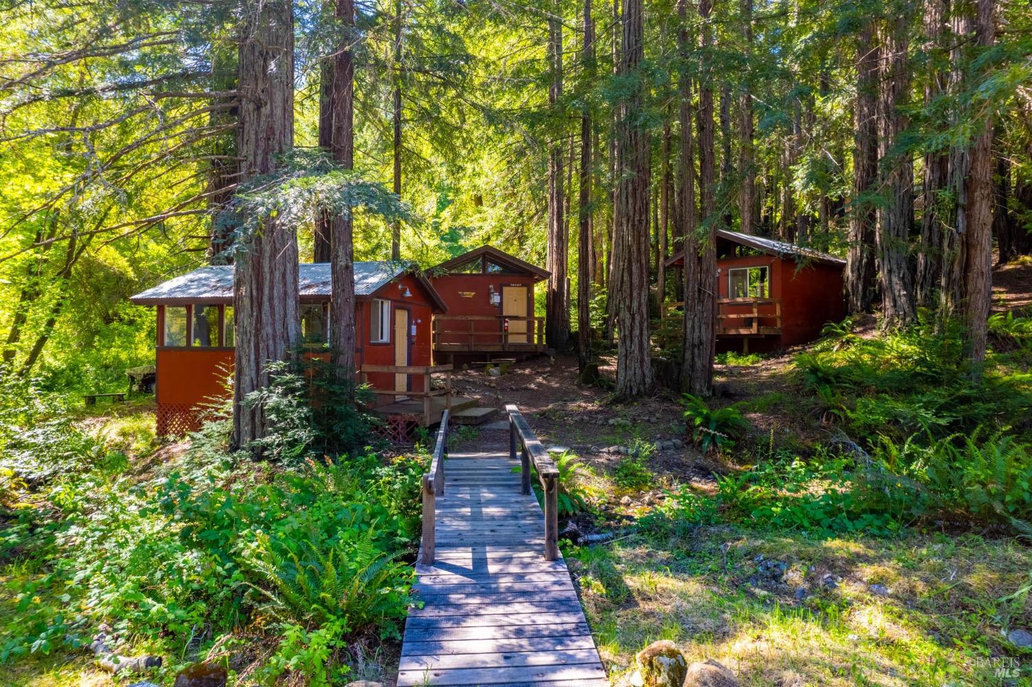 Sleeping Cabins with a seasonal stream crossing tucked in a beautiful redwood grove.