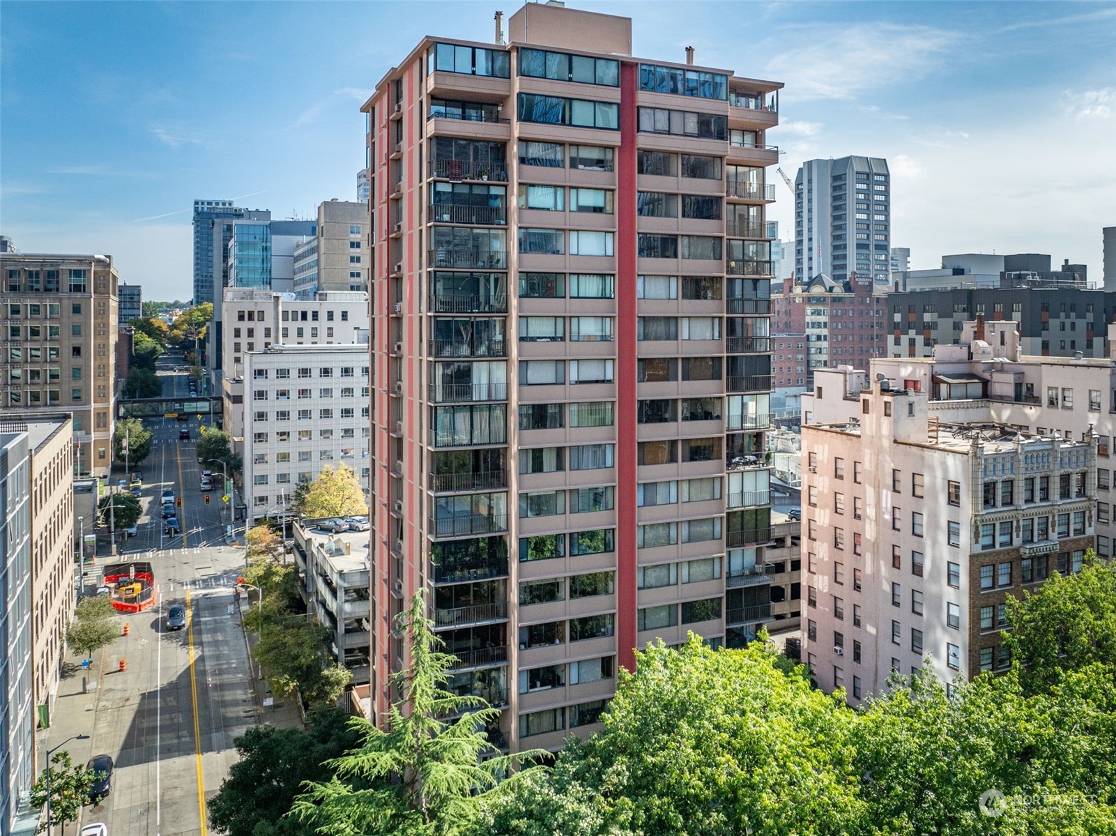 a view of a city with tall buildings