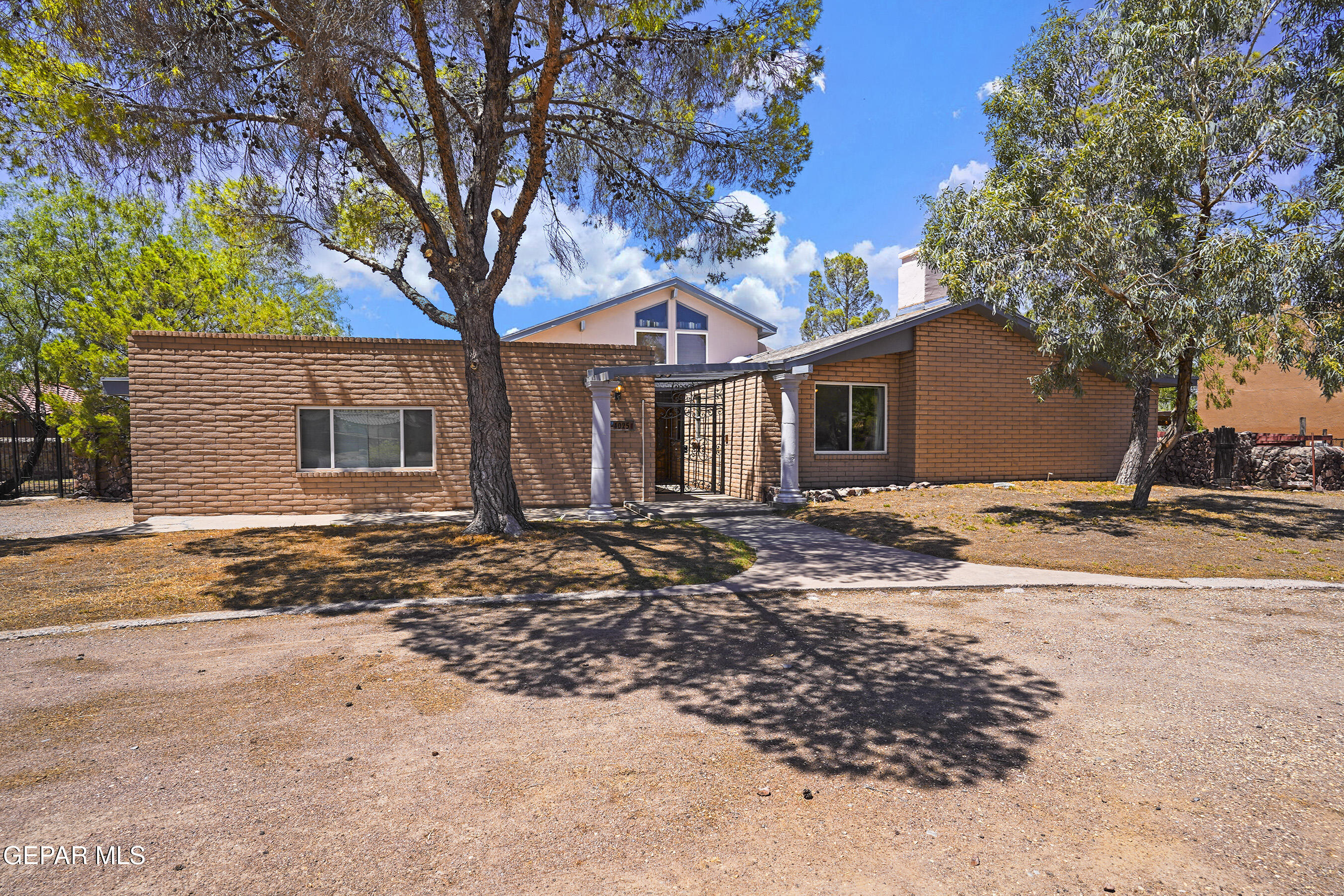 a front view of a house with a dirt yard and a large tree