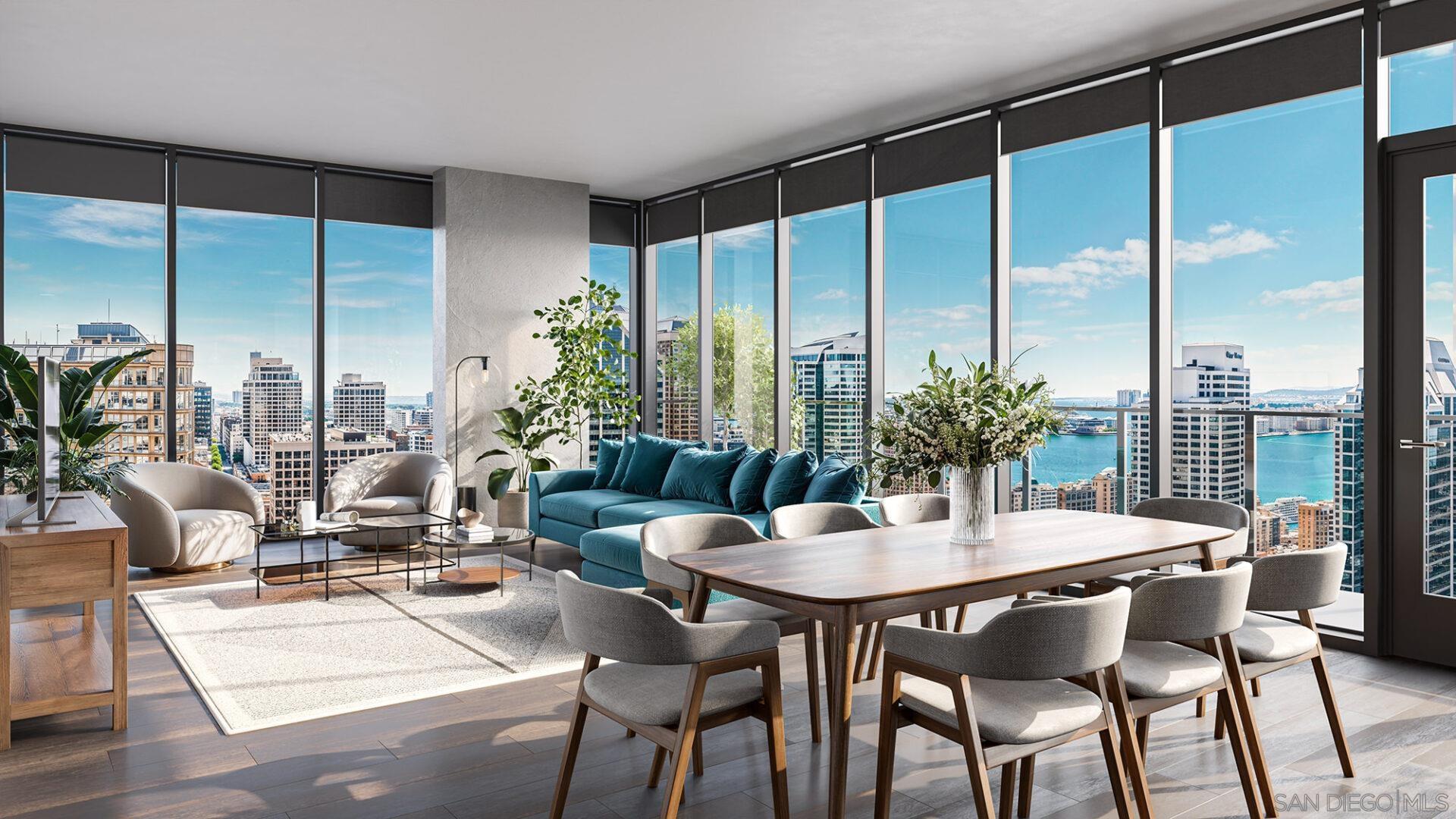 a view of a dining room with furniture window and outside view