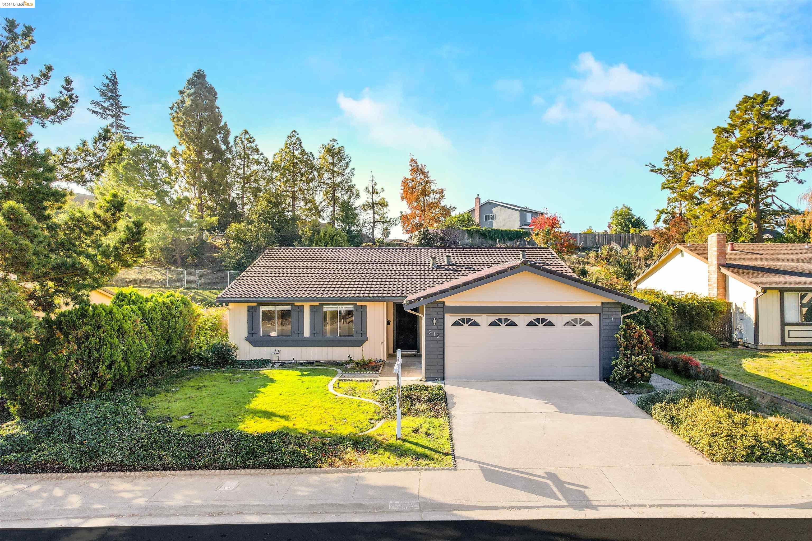 a front view of a house with a yard and trees