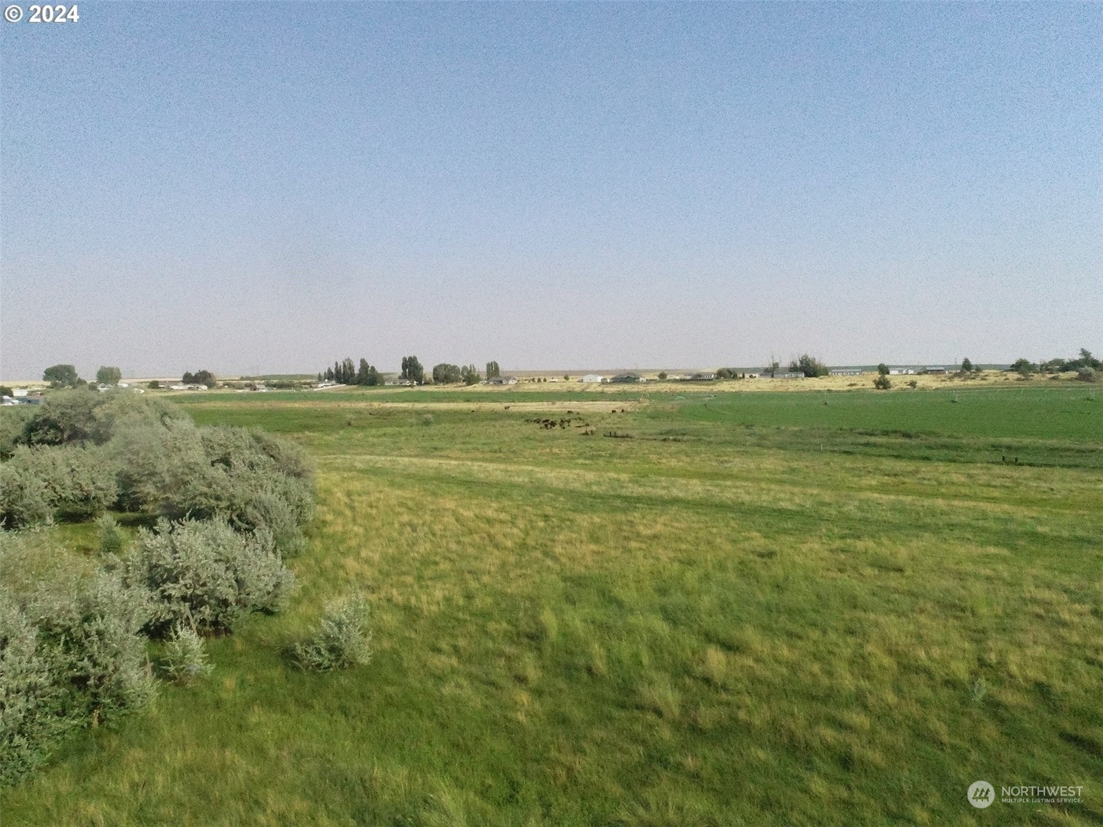 a view of a green field with an outdoor space