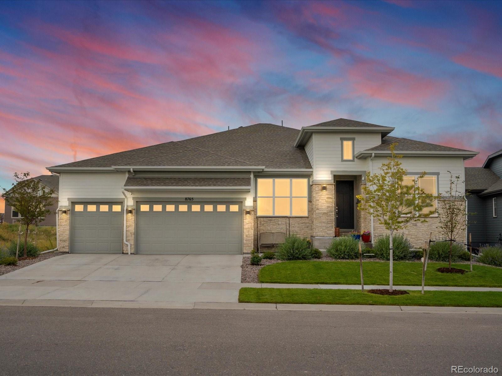 a front view of a house with a yard and garage