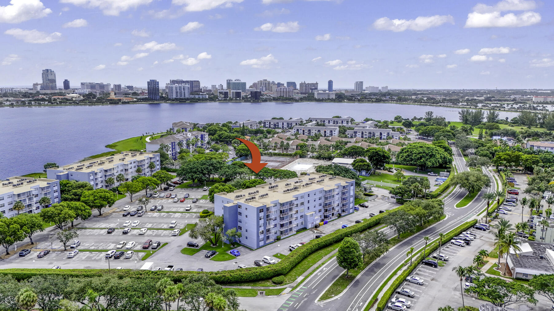 a view of a city and lake