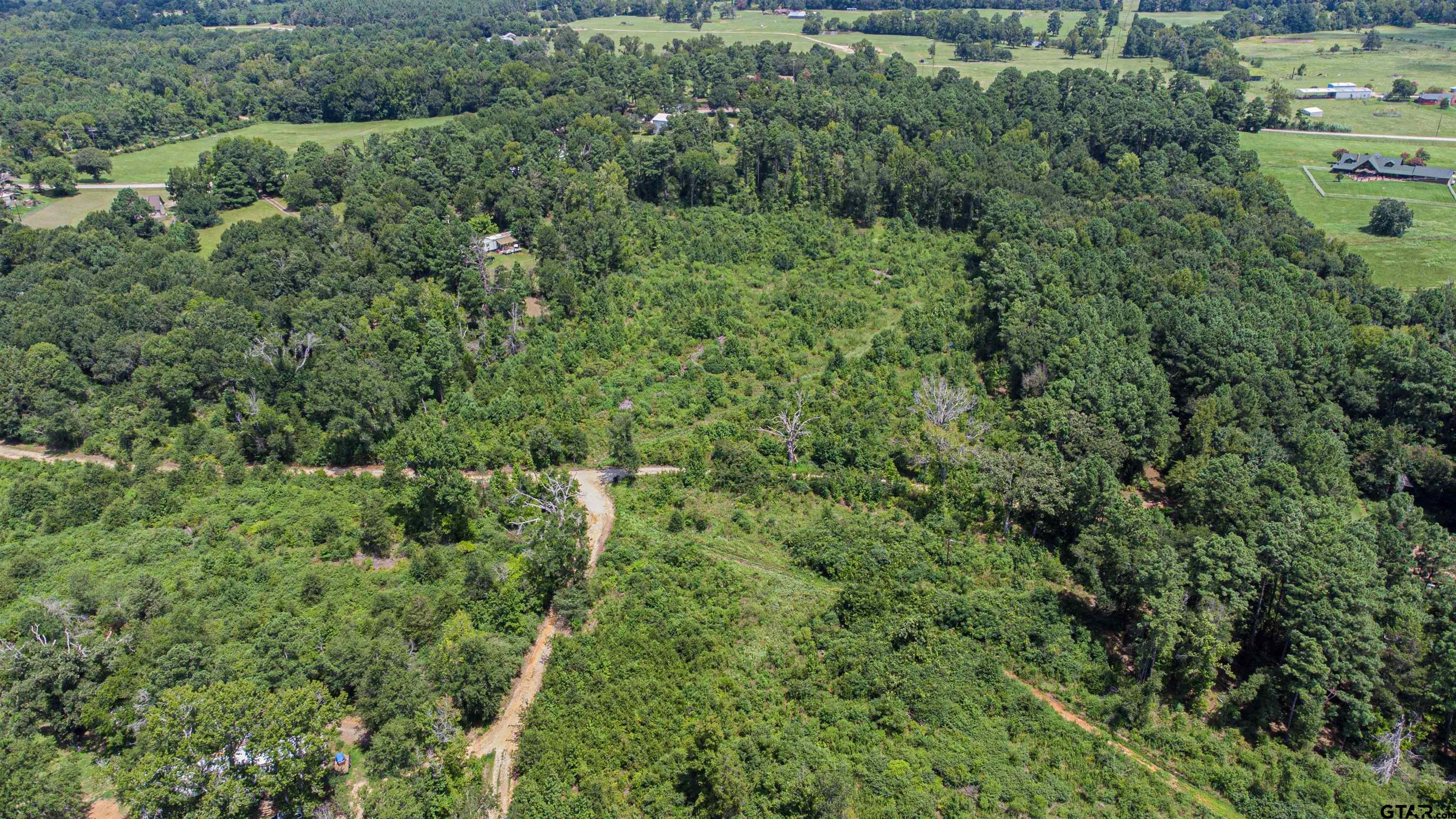 an aerial view of residential house with outdoor space and trees all around