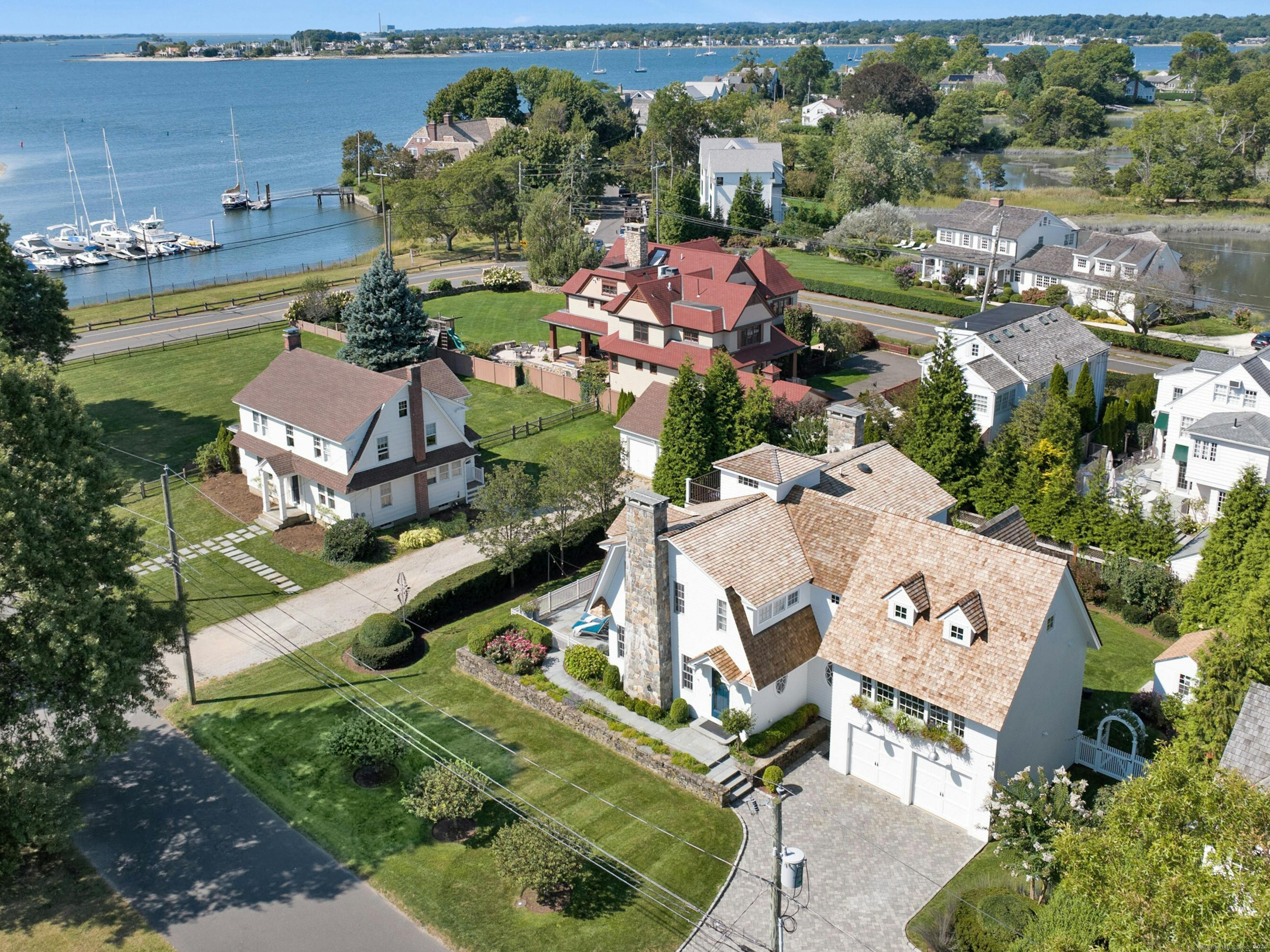 an aerial view of a house with a garden