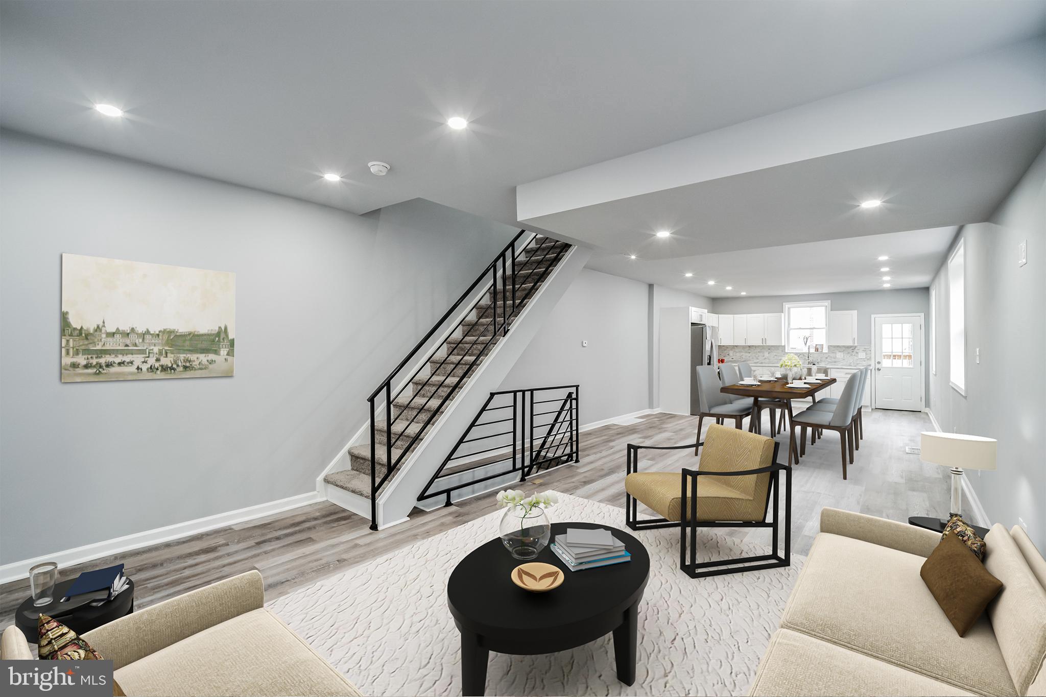 a living room with furniture and a table