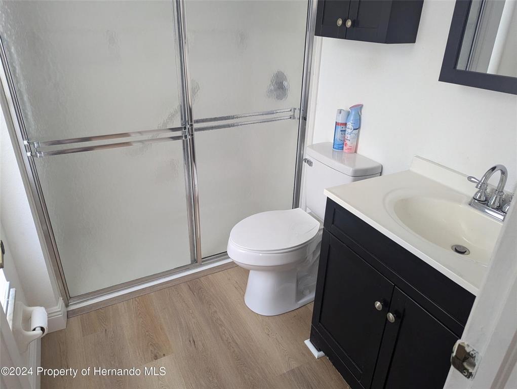 a bathroom with a sink vanity and toilet