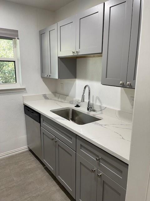 a kitchen with white cabinets a sink and dishwasher