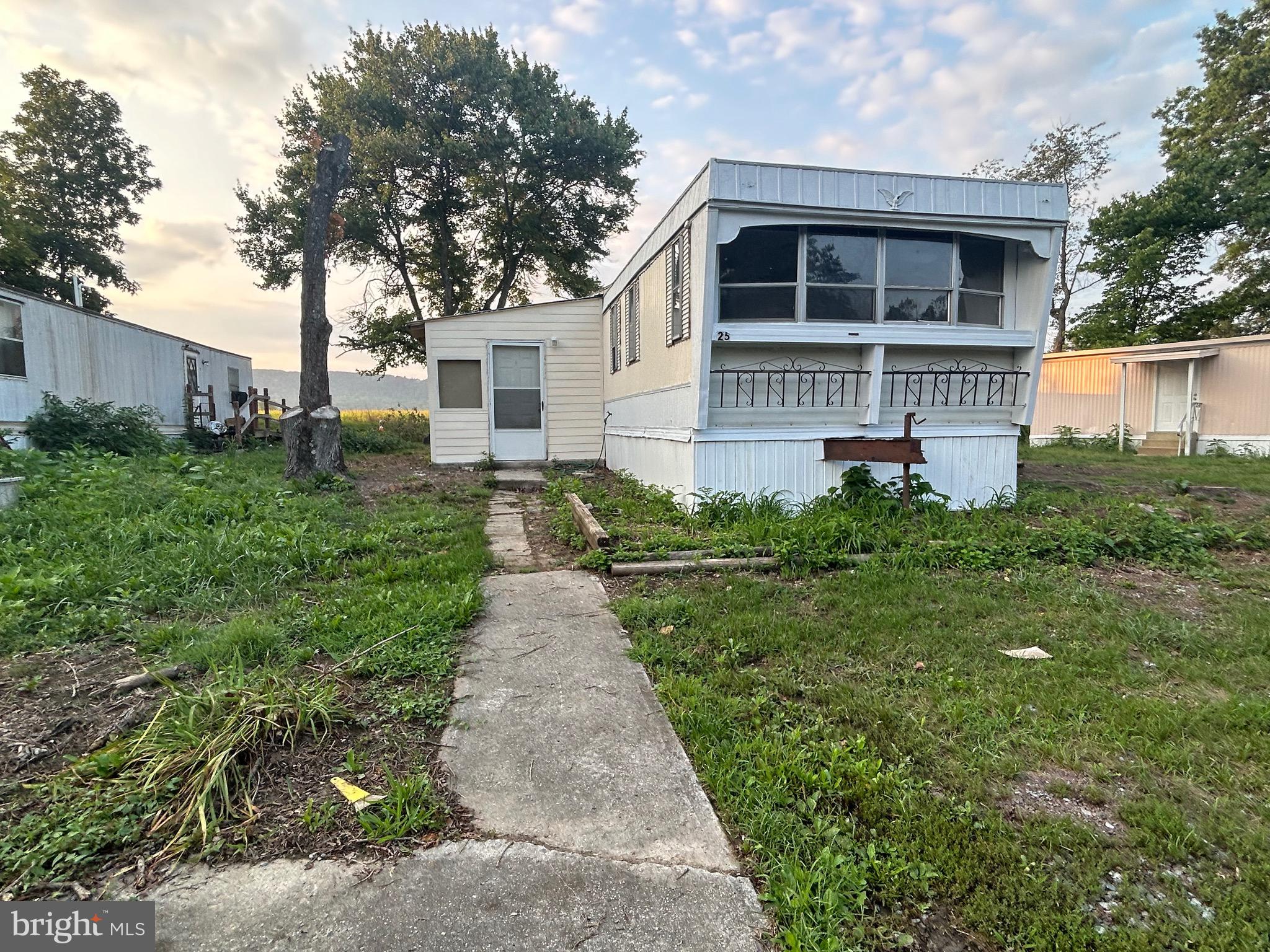 a front view of a house with a yard and trees