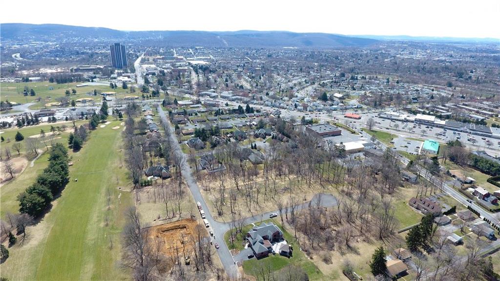 an aerial view of residential houses with outdoor space and trees