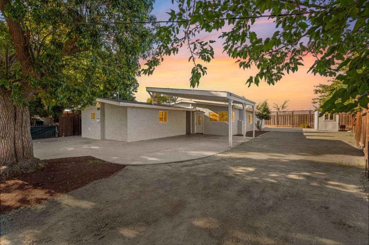 a view of a parking space with a large tree