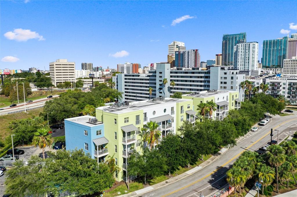 a view of a city with tall buildings