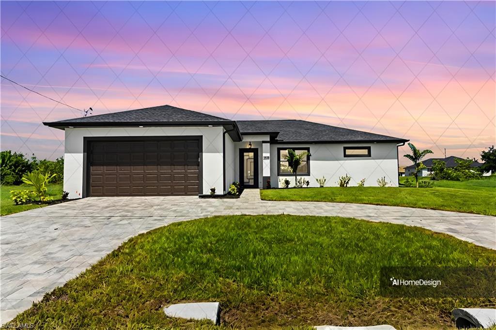 a front view of a house with a yard and garage