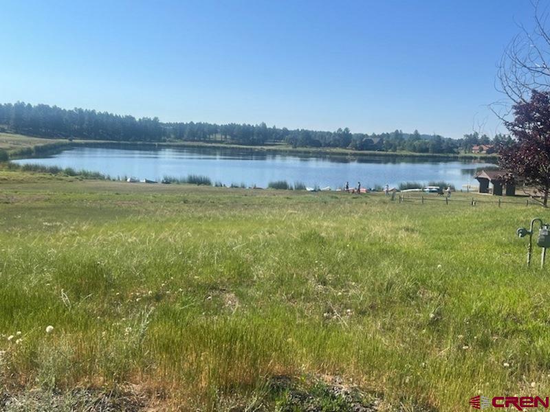 a view of a lake with houses in the back