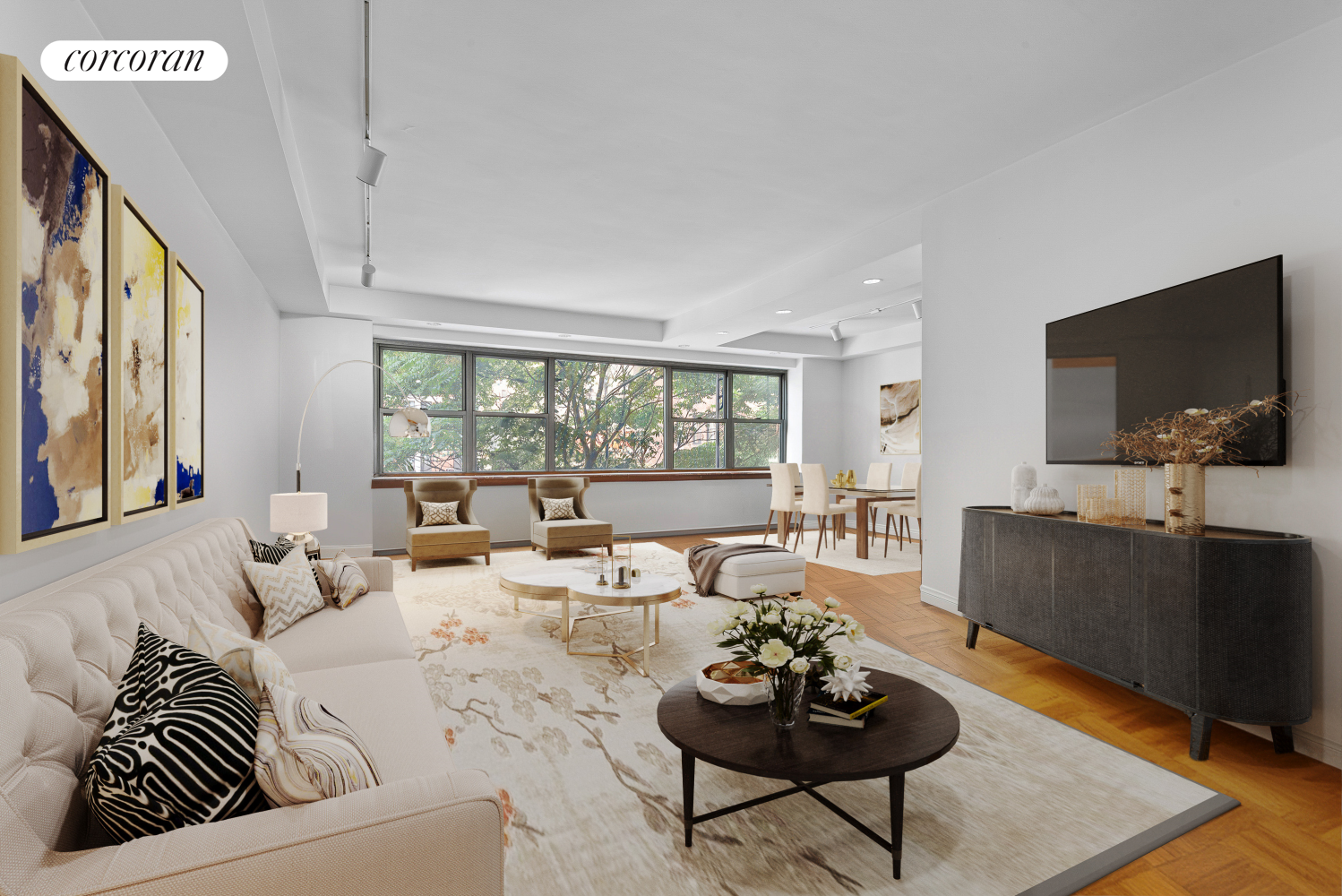 a living room with furniture or couch and a flat screen tv