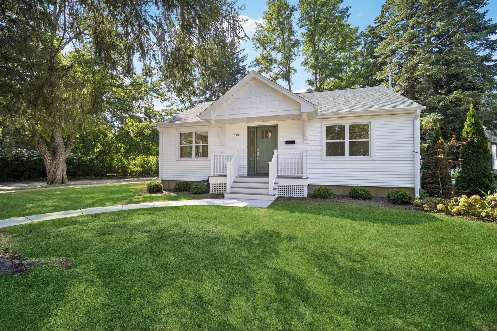 a front view of house with yard and green space