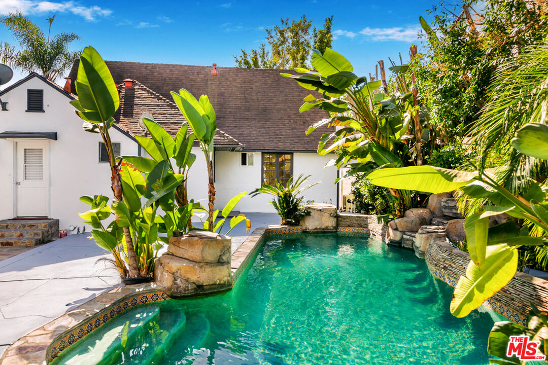 a view of a swimming pool with a garden and plants