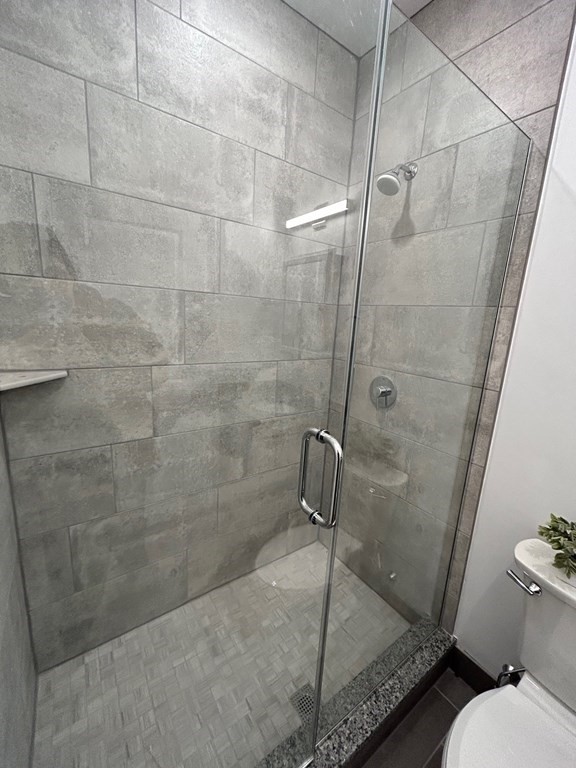 a bathroom with a shower and toilet