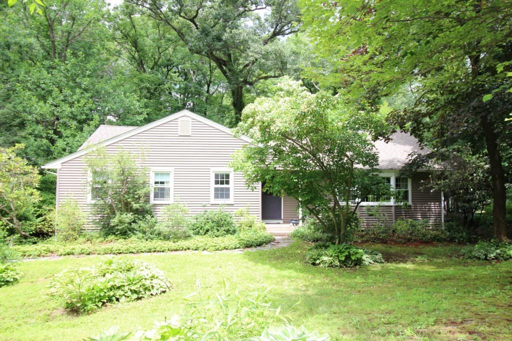 a front view of house with yard and green space