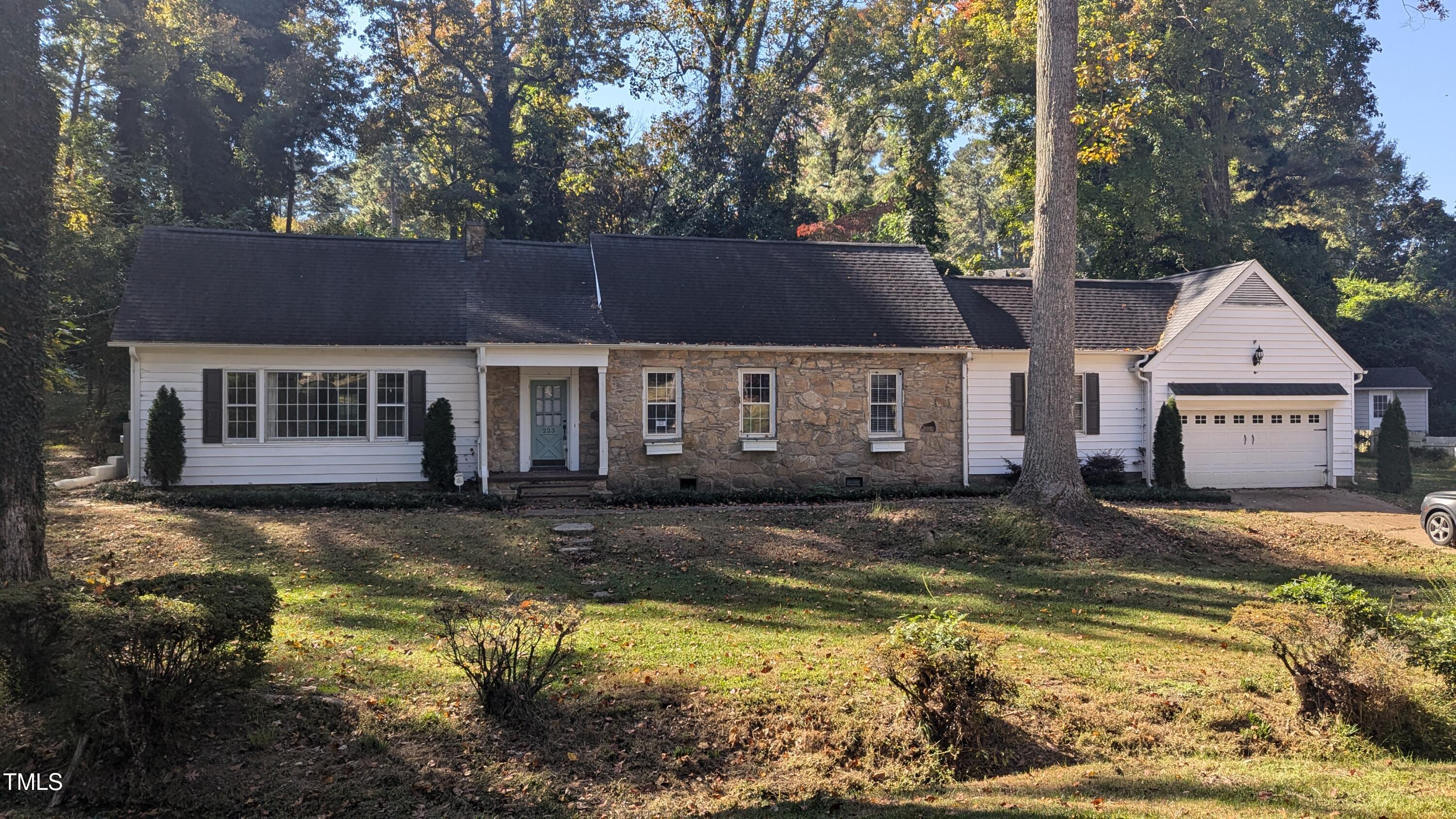 a view of a house with a large tree in front of it