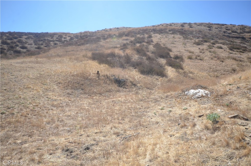 a view of a dry field with mountains in the background