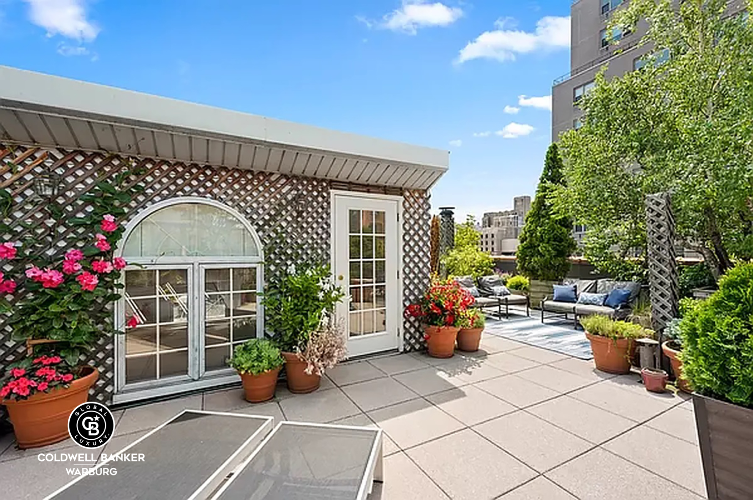 a view of a patio with couches and a potted plant on the side of a building