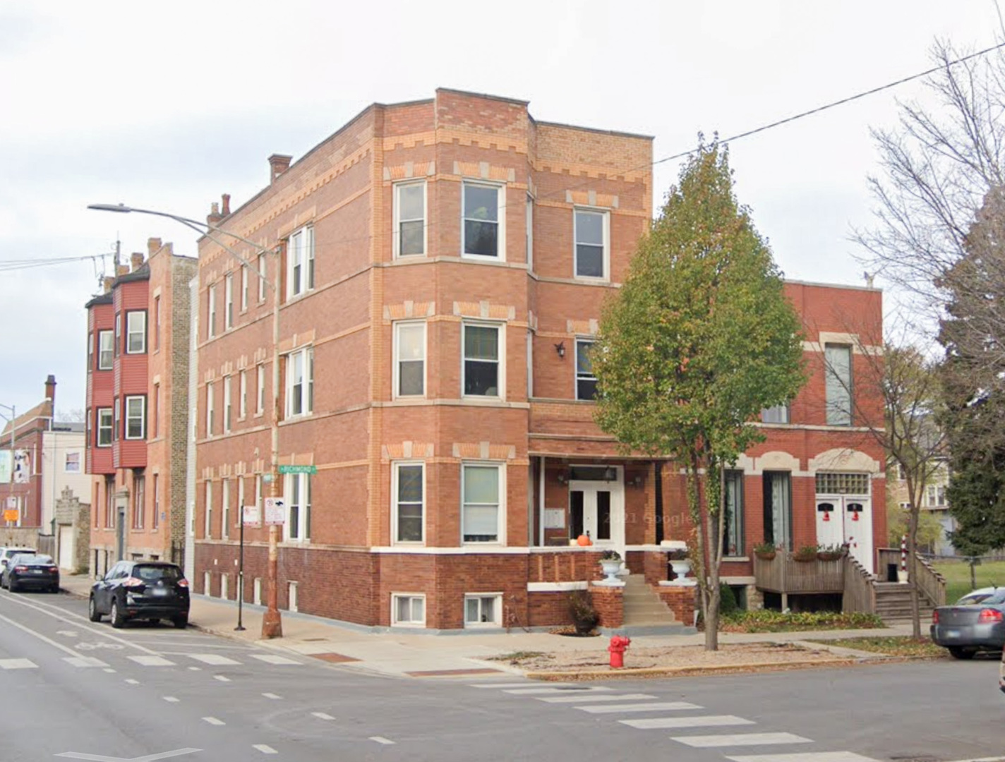 a front view of a building with street