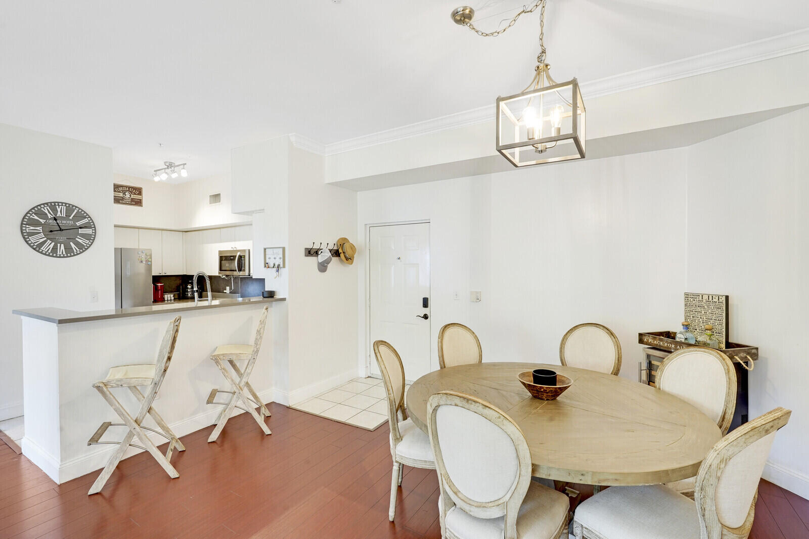 a view of a dining room with furniture