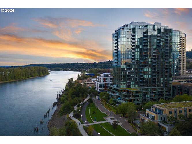 a view of building and lake