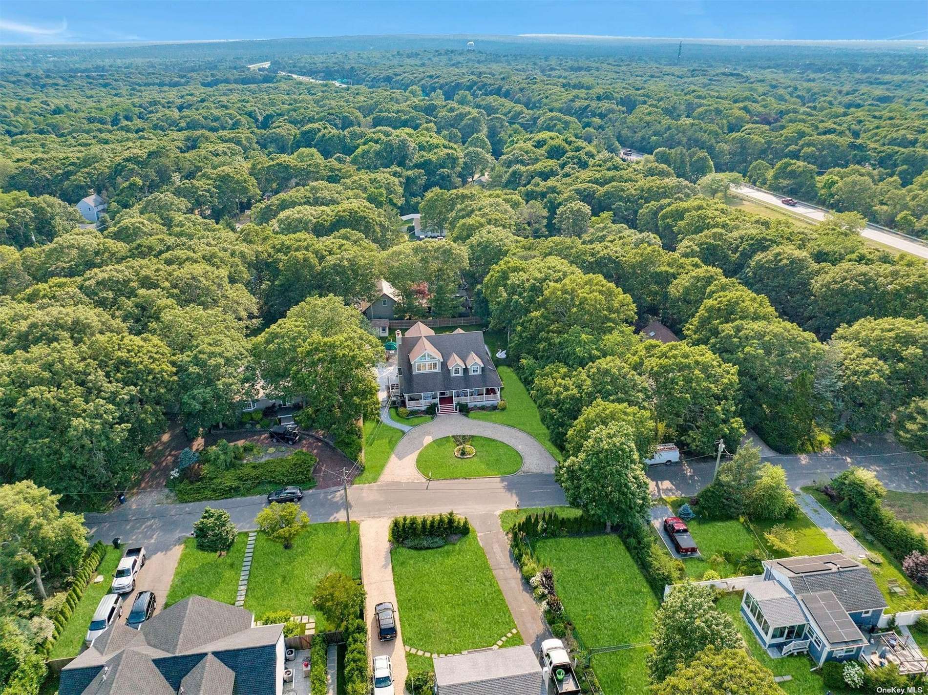 an aerial view of residential houses with outdoor space and trees